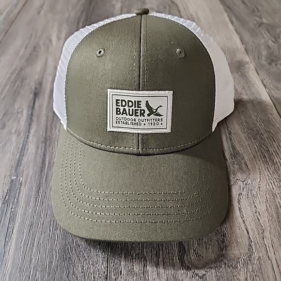 Eddie Bauer Truckers Hat Mens Outdoor Workwear Raised Logo Olive Mesh Snap Back - Picture 1 of 3